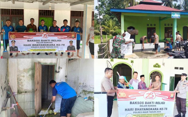 Sambut HUT Bhayangkara ke 78, Polsek Jajaran Polres Kaur Gelar Bakti Religi Bersihakna Tempat Ibadah 