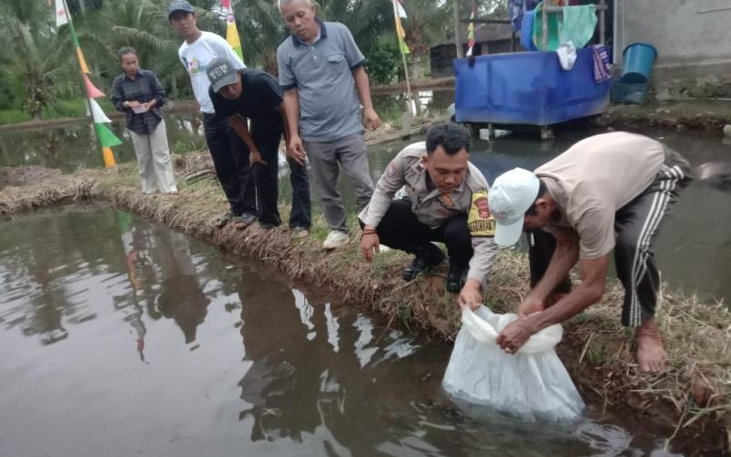 Dukung Ketahanan Pangan, Bhabinkamtibmas Polsek Lebong Selatan Dampingi Pelepasan 5.000 Bibit Ikan Nila